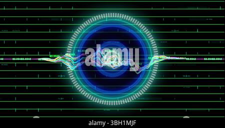 Image of neon round scanner over data processing against black background Stock Photo