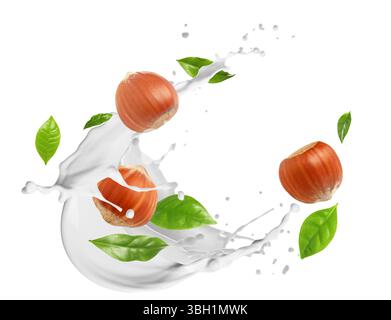 Nut milk splash with hazelnuts and green leaves in air on white background Stock Photo