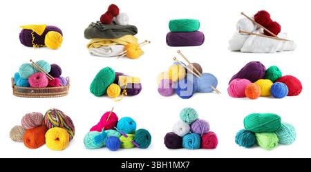 Knitting yarns and needles isolated on white, set Stock Photo