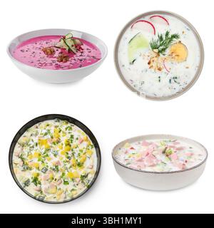 Cold soups in bowls isolated on white, set Stock Photo