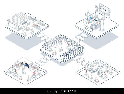 3D Isometric logistics supply chain integrates fleet management, warehousing, and planning systems, utilizing AGVs and AMRs for automated warehouse op Stock Vector