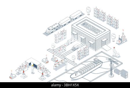 Smart warehouse automation with AGVs and AMRs, delivering global logistics solutions through integrated robotics and intelligent systems. Stock Vector