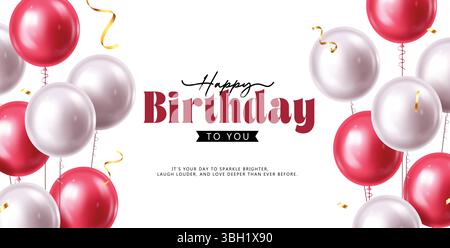 Elegant Birthday Clipart Card with Floating Balloons and Festive Gold Ribbons. Minimalist Birthday Greeting with White and Red Balloons on White Stock Vector