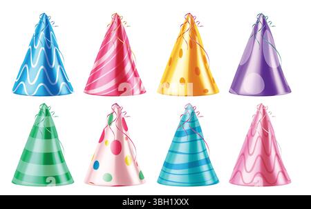 Colorful and glossy party hat with printed and pattern clip art collection for birthday costume cone object cartoon. Stock Vector