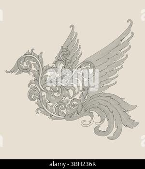 Bird floral ornament,  Vintage engraving drawing style illustration Stock Vector