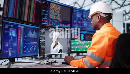 American Engineer Designing Advanced AI Robot Prototypes Using Innovative Technology. Stock Photo