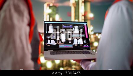 Skilled Oil And Gas Technician Analyzing Data On Computer Screens Stock Photo