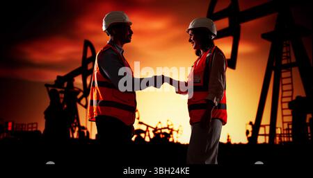 Corporate Engineers Shaking Hands At Oil Rig In Desert Sunset. Stock Photo
