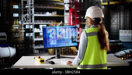 Woman Engineer Monitors Factory Operations Using Industrial Technology At Control Center. Stock Photo