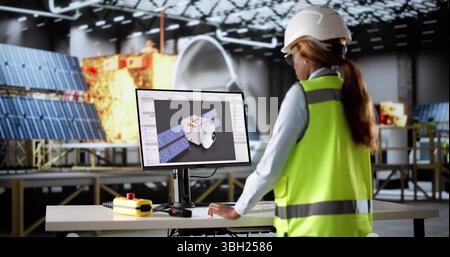 Female Engineer Drafting 3D Model Of Solar Satellite In CAD Stock Photo