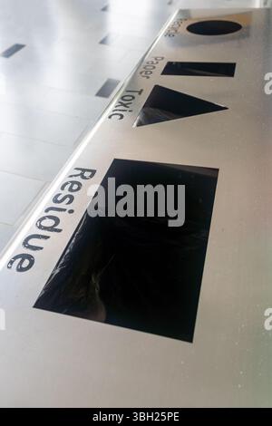 Jakarta, Indonesia - February 9, 2025: Trash can with three different shape bins for recycling. The bins are labeled with the different types of recyc Stock Photo