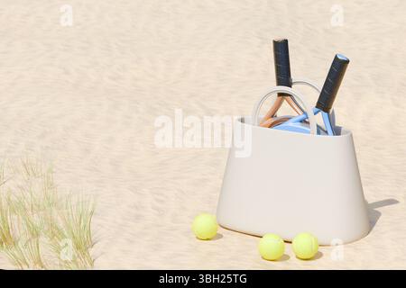 Two padel tennis rackets in a bag with three tennis balls on a sandy beach, summer sports activity. 3d rendering Stock Photo