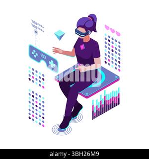 Isometric Woman Engaged in Metaverse Gaming with Futuristic Interfaces. Metaverse Gaming Concept Stock Vector