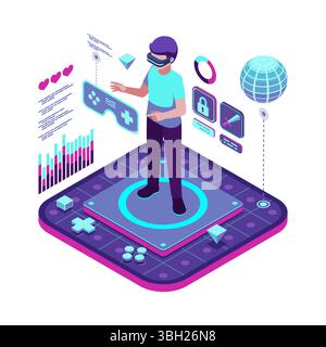 Isometric Metaverse Gaming Experience with VR User and Holograms. Metaverse Gaming Concept Stock Vector