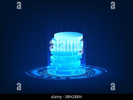 Fintech technology, digital coins projected as holograms, represent technologies that combine the financial world with virtual innovations, such as di Stock Vector