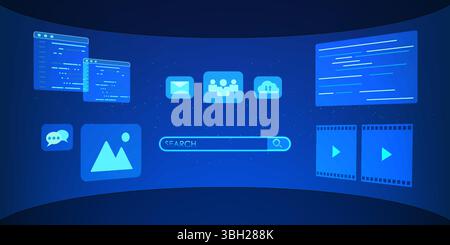 Virtual Reality Technology The screen inside the VR,AR glasses displays virtual image and graphic data for real-time interaction and data analysis. Stock Vector