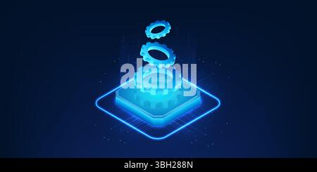 Artificial intelligence technology, the microchip on top is a cog, the working of the brain system driven by intelligent processes and logical mechani Stock Vector