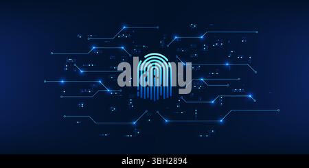 Cybersecurity technology, fingerprint connected to the technology circuit, conveys biometric authentication and cybersecurity to access critical busin Stock Vector