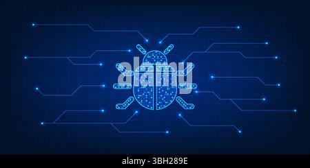 Cybersecurity technology, virus bug with technology circuit line, shows malware threats that lurk in the digital network of the Internet, which destro Stock Vector