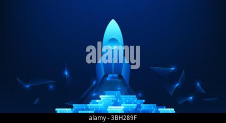 Rocket rising from a pile of coins symbolizes the success and growth of a business with a solid financial foundation. Stock Vector