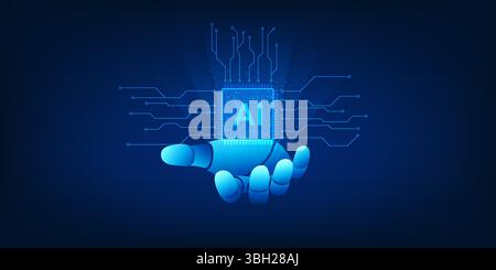 Agent AI Technology Robotic hand holding an AI microchip represents the AI ​​technology embedded in cutting-edge hardware to automatically process and Stock Vector