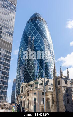 View of 30 St Mary Axe (The Gherkin) Building from Leadenhall Street, City of London, Greater London, England, United Kingdom Stock Photo