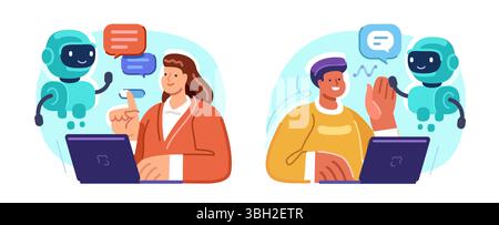 Virtual robot assistant, ai chatbot. Online help or support. Man using laptop works with artificial intelligence Stock Vector