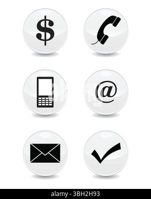 Set of 6 stationery vector linear icons. email, phone, mobile, communication, tick icons. Isolated collection for web sites icon on light grey sphere Stock Vector