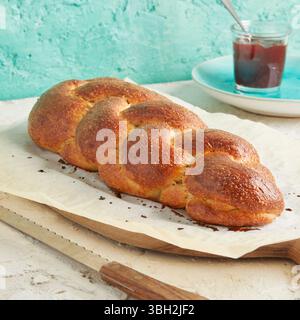 Spelt braided bread – a handmade soft bread loaf made with spelt flour, perfect for breakfast, brunch or healthy bakery displays. Stock Photo