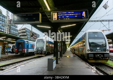 Prague, Czech Republic, Wide Angle View, inside, Central Train Station, Trains on Tracks, Platform, train travel Stock Photo