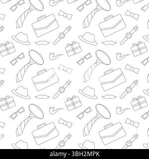 Father's Day Hand drawn Pattern Doodle Style Mustache, Tie, Hat Icons Seamless Vector Background Design Stock Vector