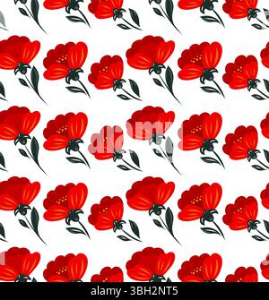 Vector decorative pattern with red poppies in diagonal on a white background. Floral texture in folk art style for fabrics, wallpapers. Fashionable Stock Vector