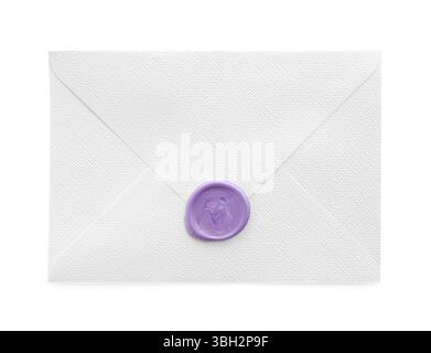 Beautiful invitation envelope with wax seal isolated on white, top view Stock Photo