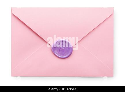 Beautiful invitation envelope with wax seal isolated on white, top view Stock Photo