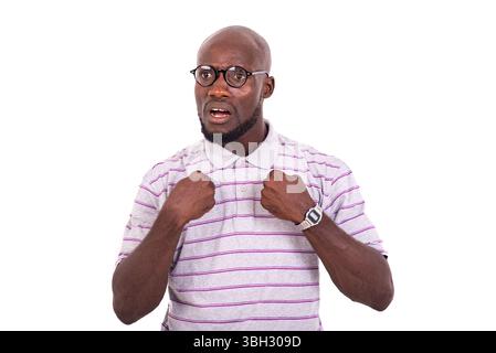 young man wearing optical glasses and pointing finger at himself. Stock Photo