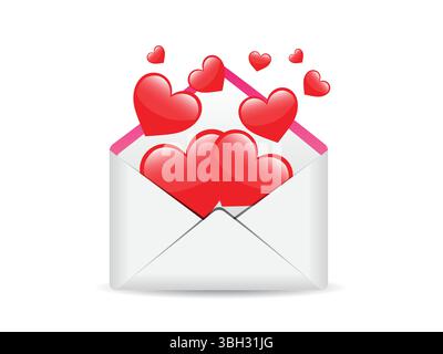 Hearts spread from envelope, love message isolated on white background. Render email notification with letters, check mark, paper plane and magnifying Stock Vector