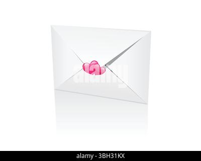 mail envelope sealed with hearts new message on white background. Render email notification with letters, check mark, paper plane and magnifying glass Stock Vector