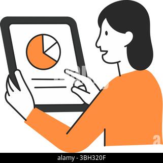 Tablet data visualization. Female user interpreting business insights through digital statistics. Stock Vector