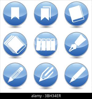 Set of 9 stationery vector linear icons. books, files, pen, pencil, bookmark etc. icons. Isolated collection for web sites icon on blue sphere rounded Stock Vector