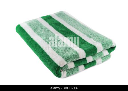 Carefully folded soft striped bath green towel isolated on white background. Terry cloth, striped pattern towel texture, cotton bath textile or microf Stock Photo