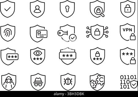 Thin line icon set of cyber security internet data protection shield privacy authentication safety encryption. Pixel perfect icons, editable stroke. Stock Vector