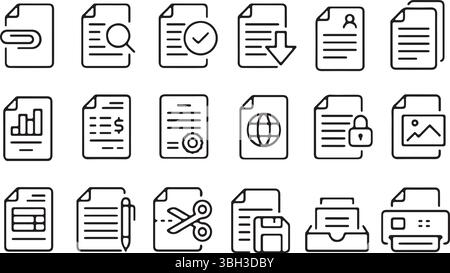 Thin line icon set of document file folder form sheet report record attachment invoice checklist. Symbol collection. Pixel perfect icons, editable Stock Vector