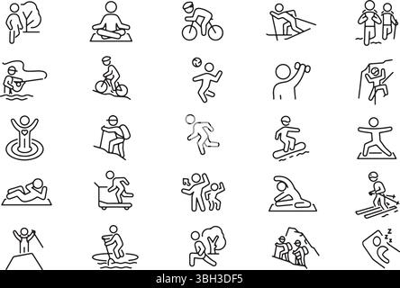 Icon set of adventure sports physical activity active lifestyle. Editable stroke. Thin line icons collection, flat illustrations. Stock Vector