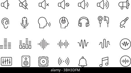 Thin line icon set of audio sound volume music level. Symbol collection. Pixel perfect icons, editable stroke. Stock Vector