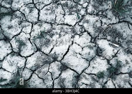 Drought in farmland: dry soil on thirsty earth. A high contrast gray natural pattern of cracks on a dried out field Stock Photo