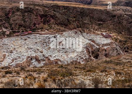 Aerial view of the Maras Salt Mines in the Sacred Valley, Peru, with ...