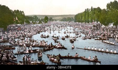 19th century photograph of the Henley Royal Regatta on the River Thames, England, showing rowing competition and historic British sporting tradition Stock Photo