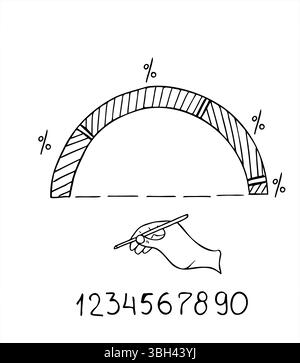 Hand drawn half pie chart with shaded segments and percentage ratios, alongside a hand drawing numbers vector isolated illustration. For blogging Stock Vector