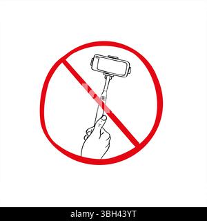 No selfie red circle prohibition sign with hand holding monopod vector illustration painted by black inks. Pictogram for restricted area signage Stock Vector
