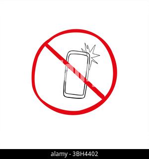 No flash photography prohibition sign black and white drawing. Red crossed circle with smartphone and flash icon vector illustration. Stock Vector